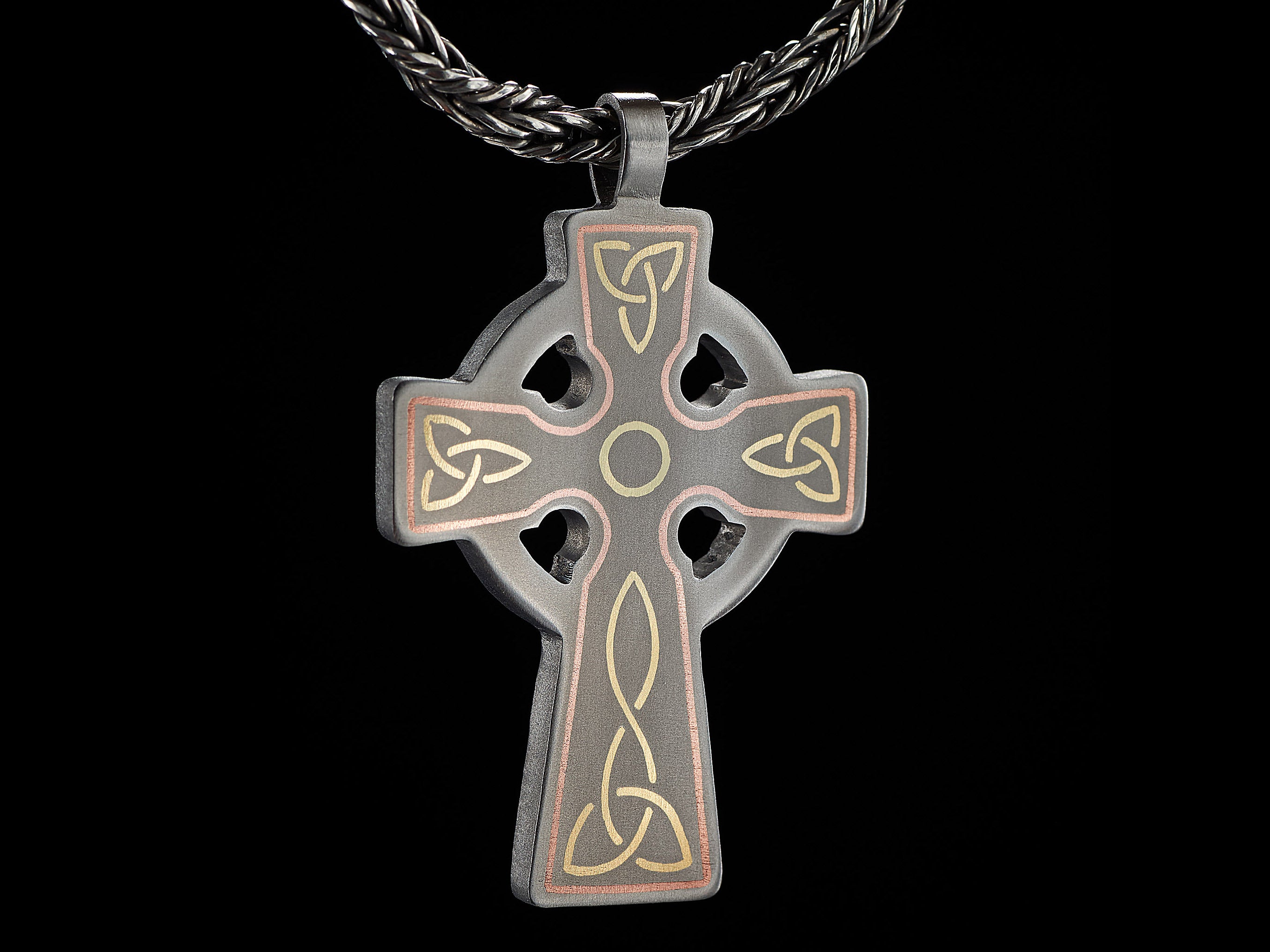 titanium celtic cross pendant copper and brass inlay handmade by Yachur