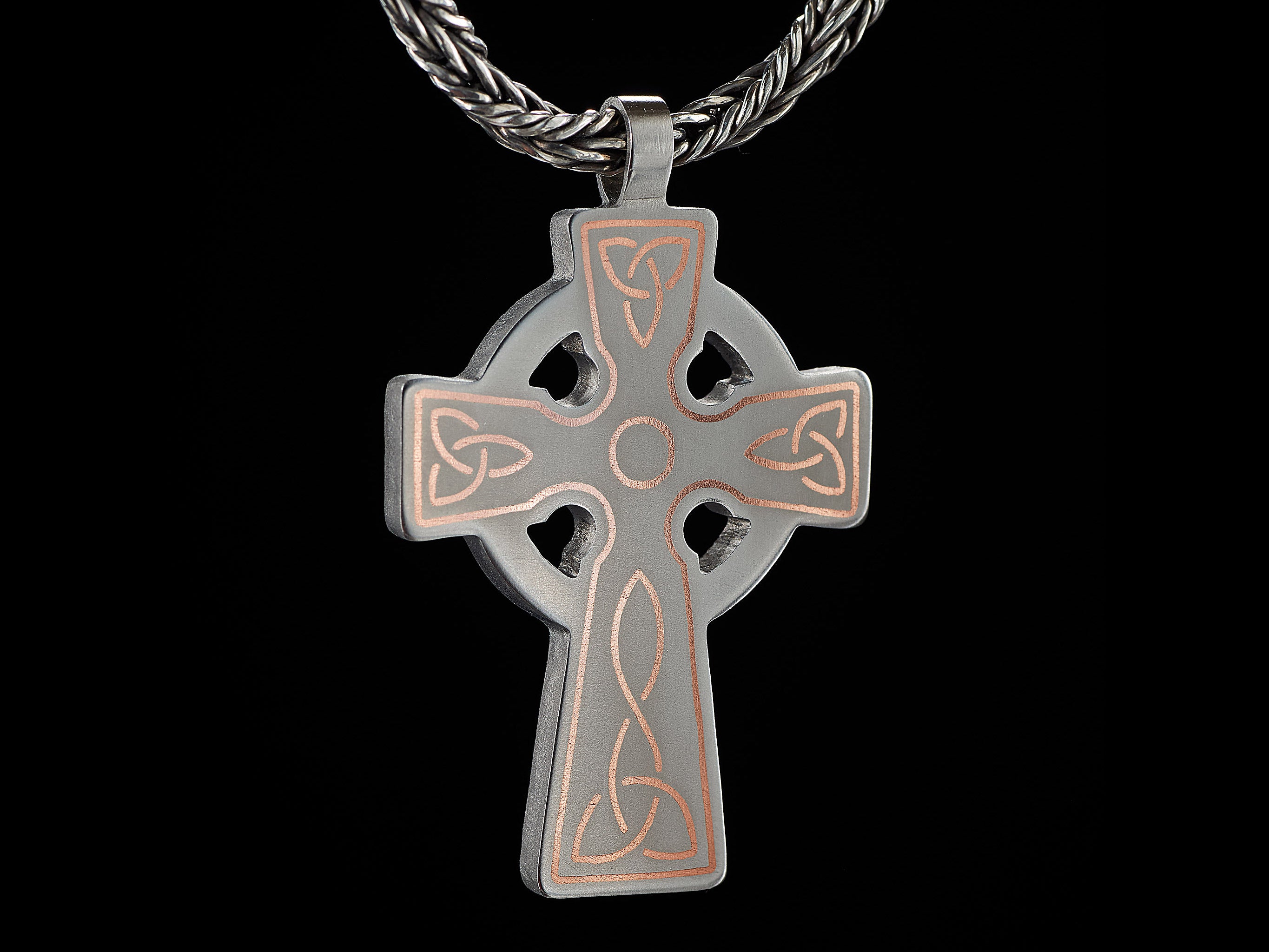 titanium celtic cross pendant copper inlay handmade by Yachur