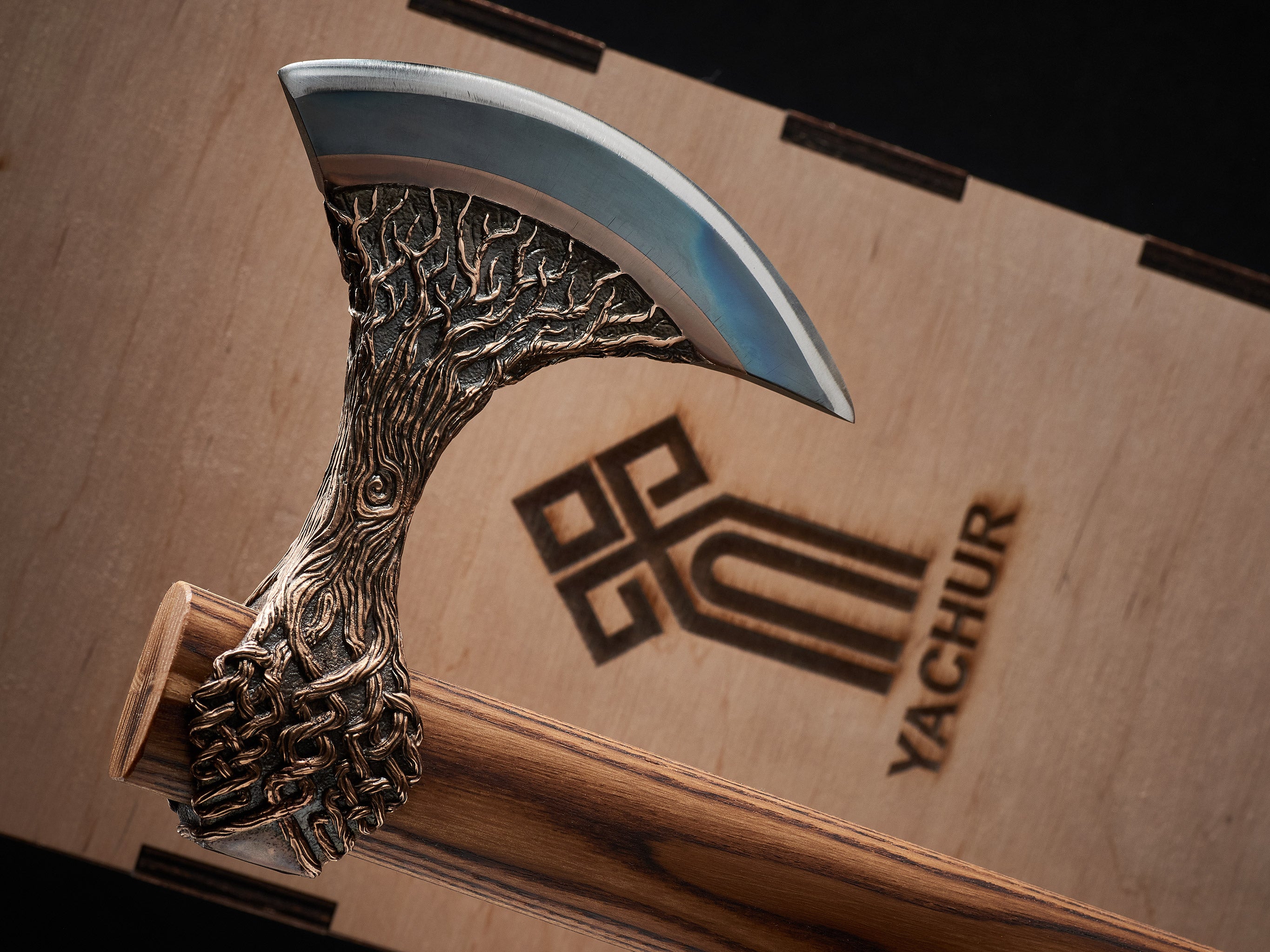 Handmade Yggdrasil Viking axe with Yachur logo background