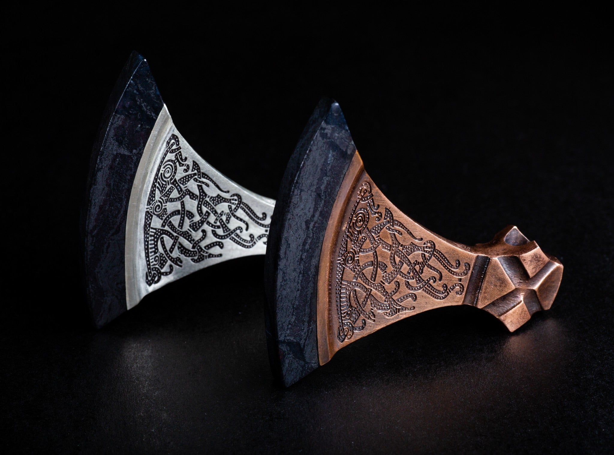 grey stone blades of silver and bronze axes