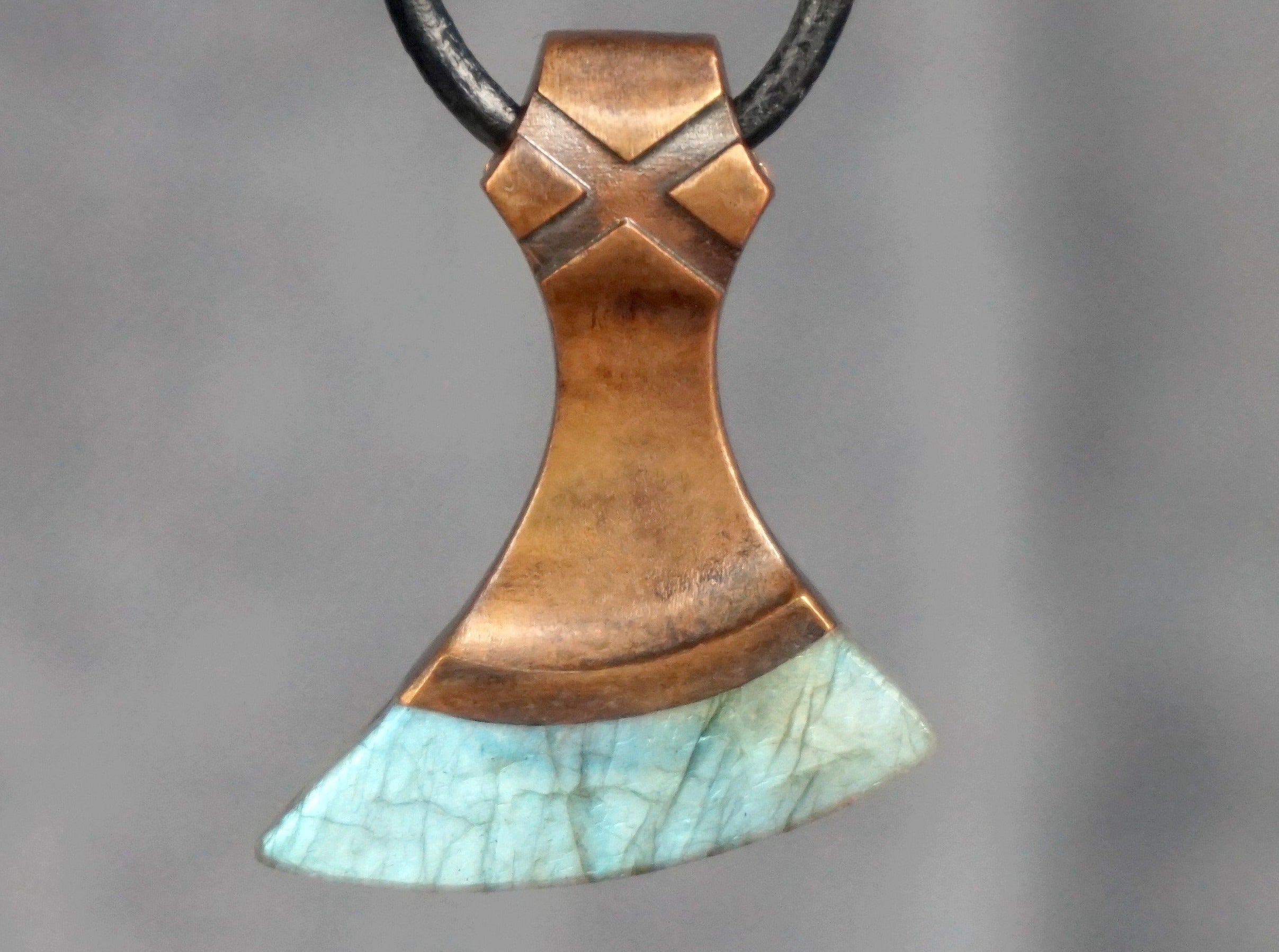 bronze and blue labradorite axe pendant