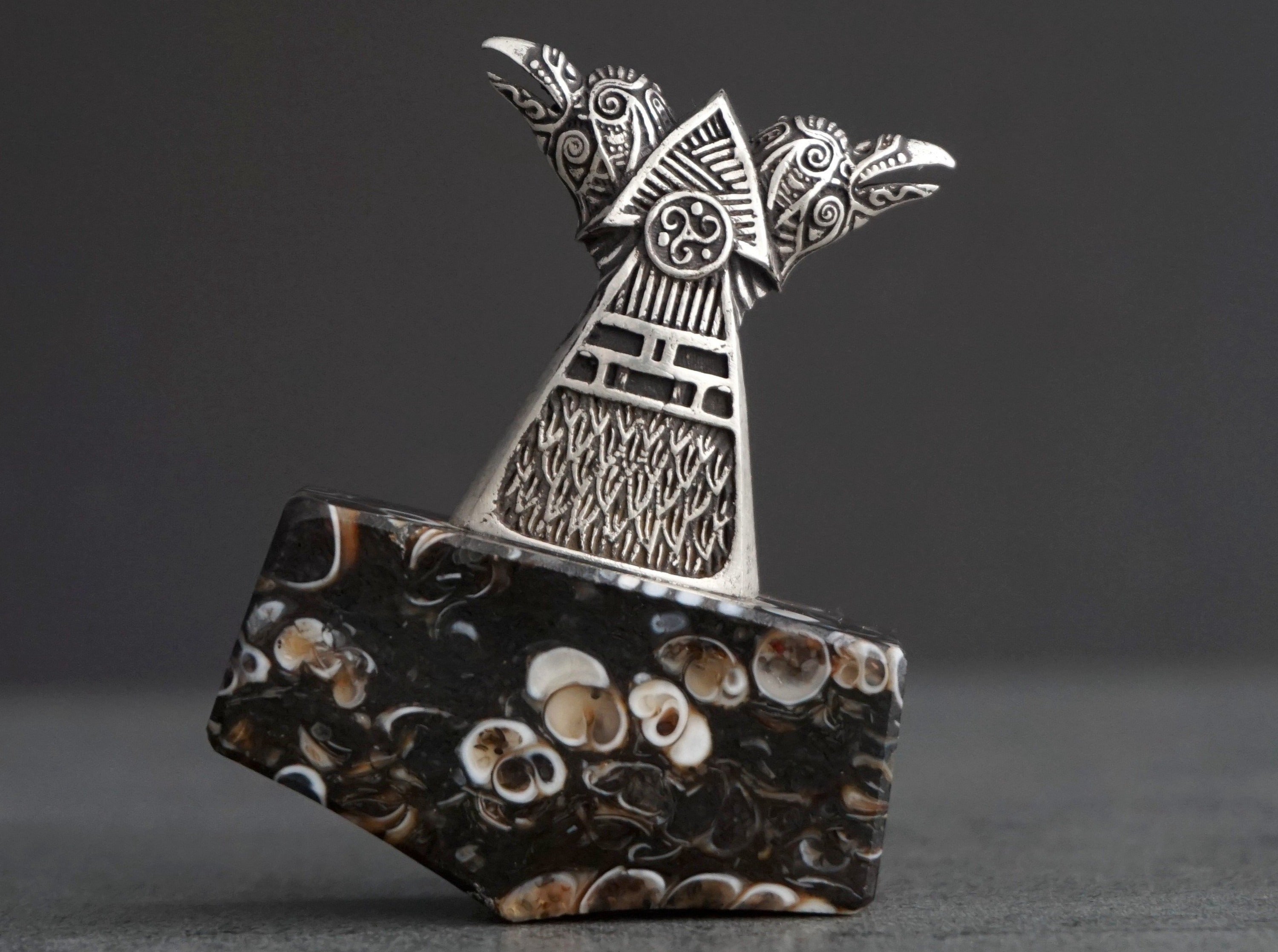 silver raven pendant with Turritella Agate