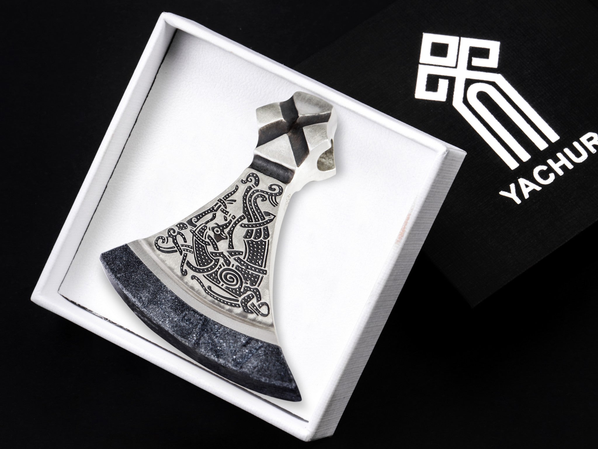 silver axe pendant in the branded 'Yachur' gift box