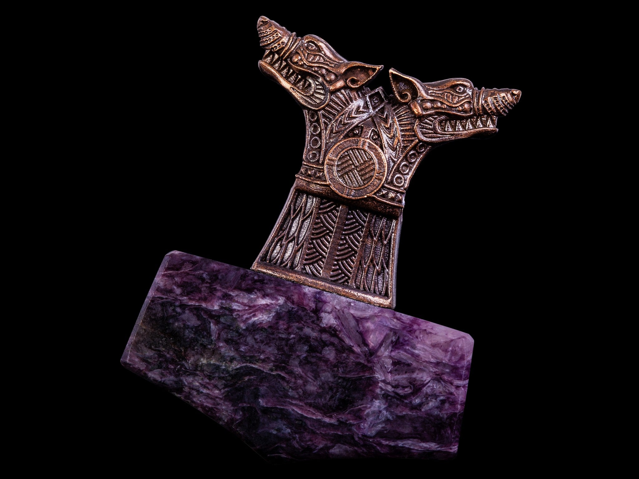 bronze and purple stone wolf pendant