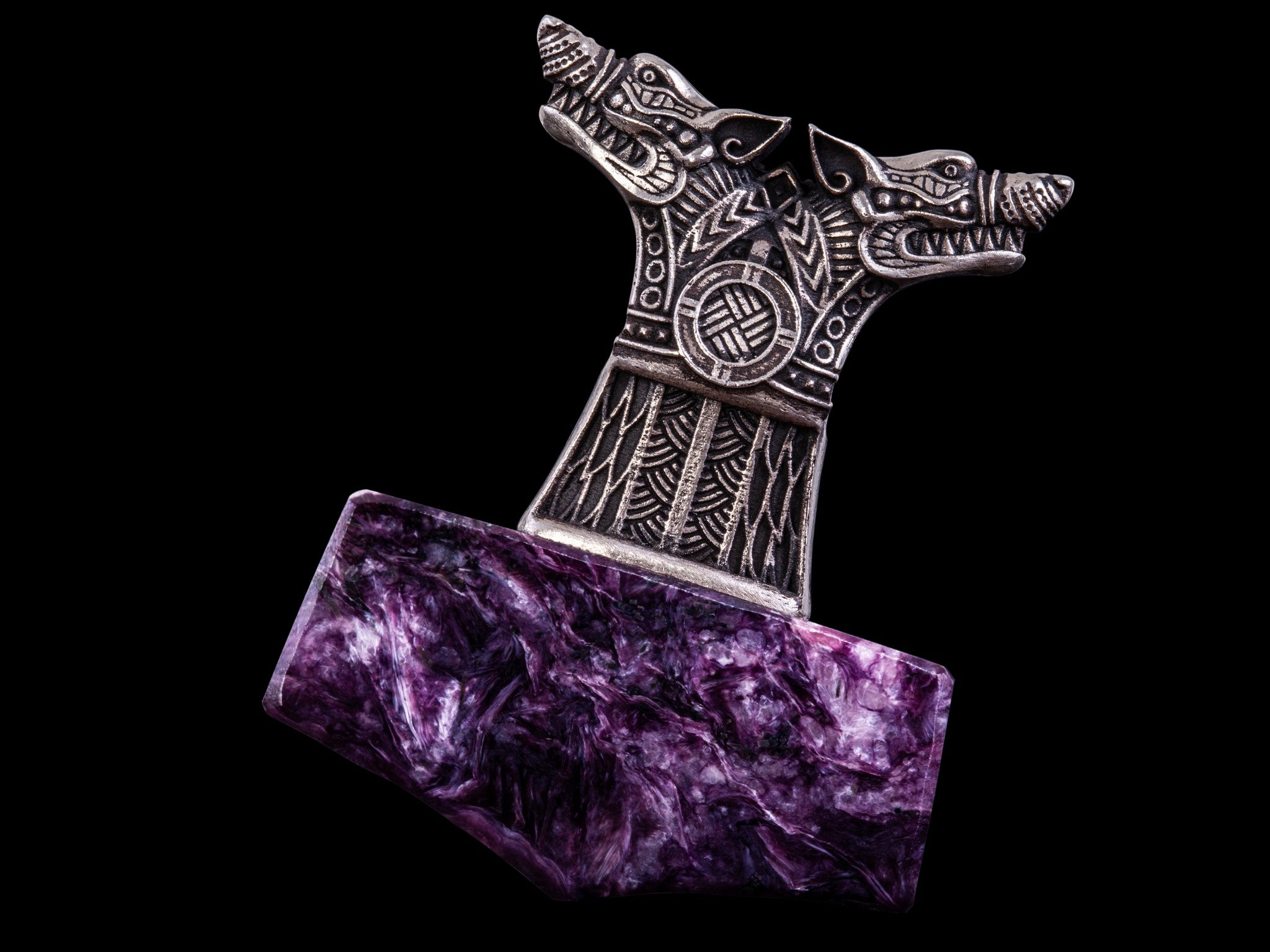 silver and charoite stone wolf mjolnir