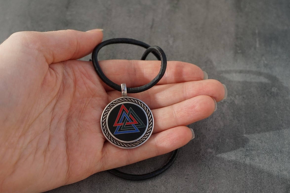 Valknut Necklace, Unique Viking Jewelry for Men, Cloisonne Enamel, Odin Jewelry. Gift for Him
