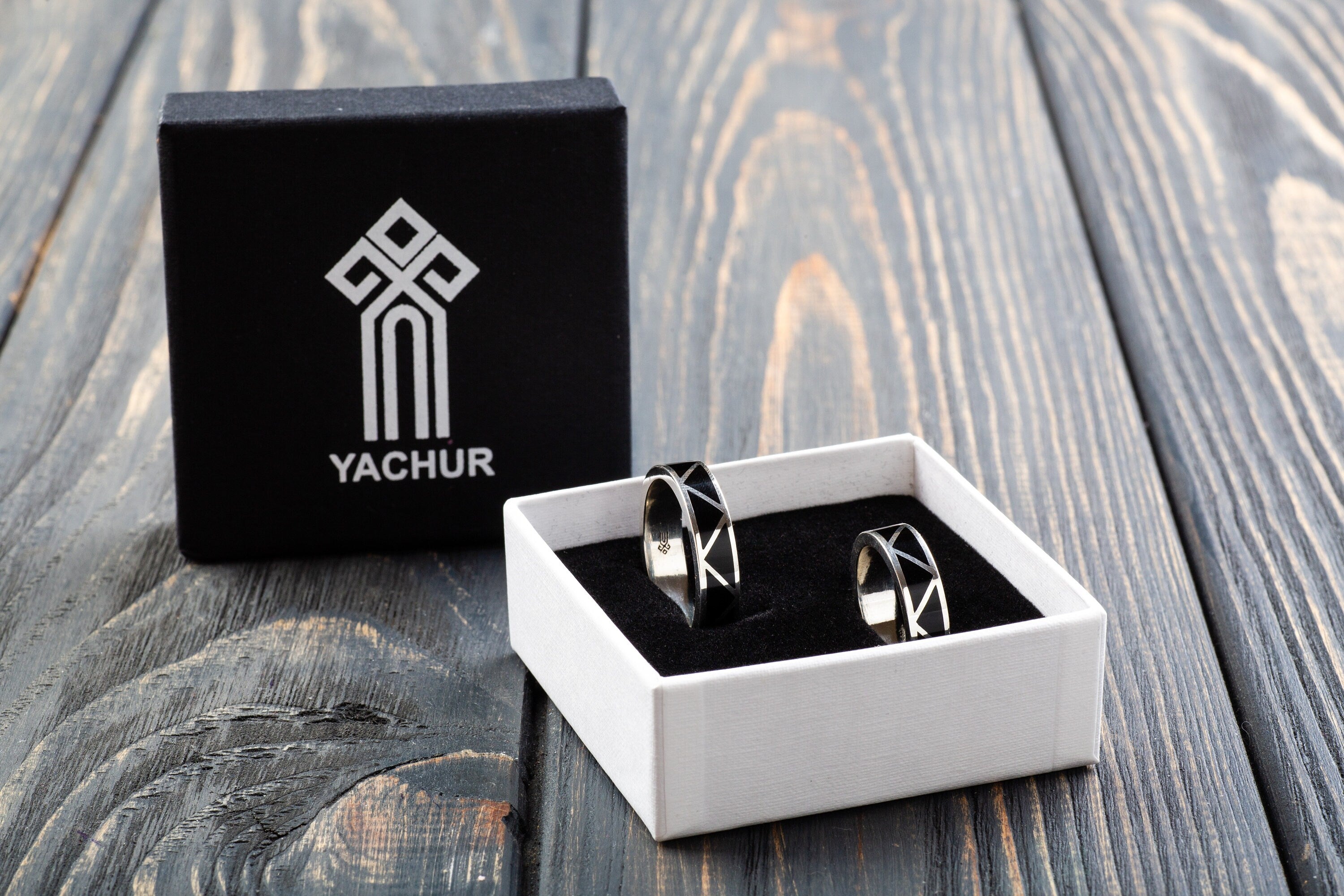 Gem Cloisonne Couples Ring Set. Black Onyx and Malachite Set.