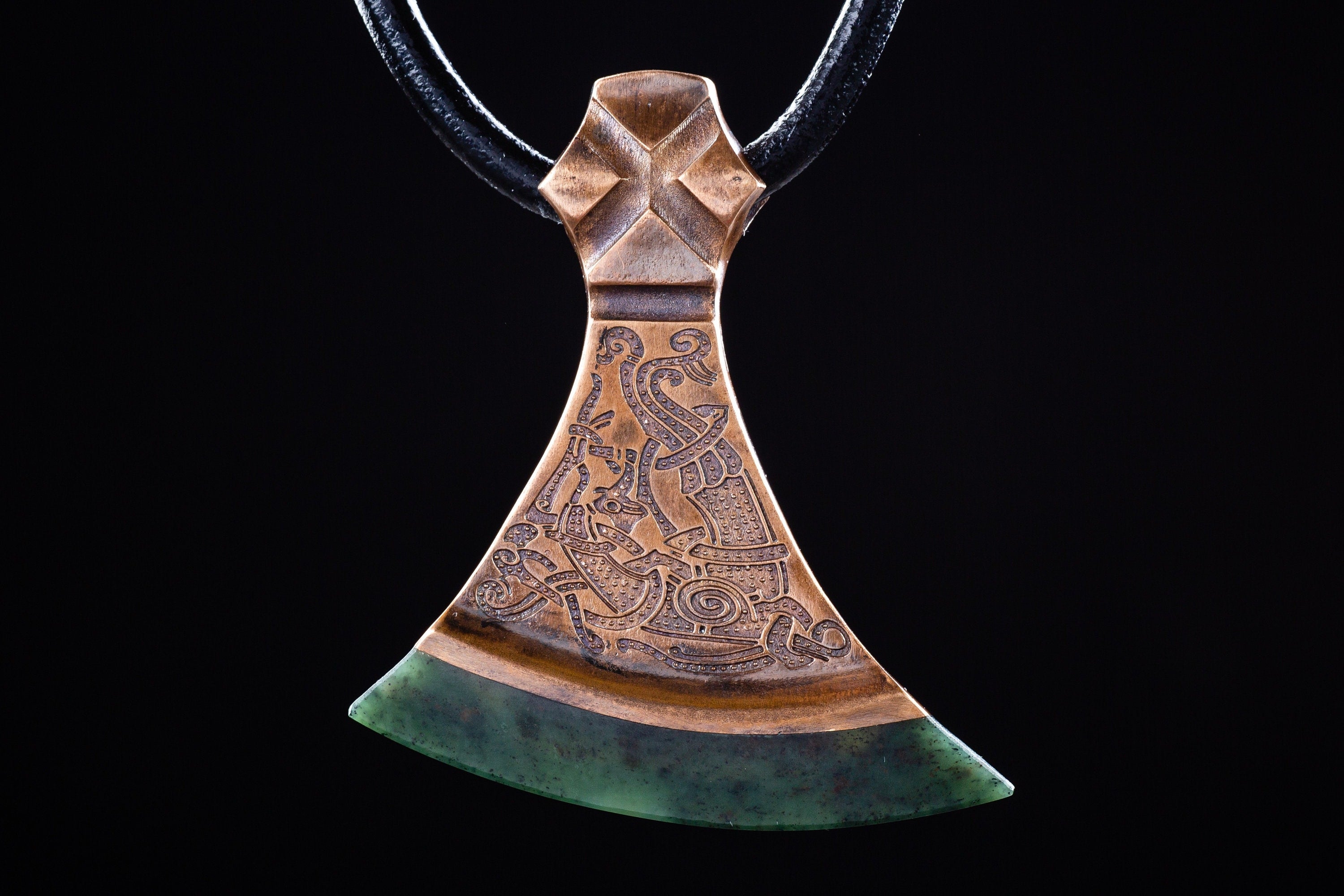 Custom Listing for James. Bronze and Nephrite  Jade Mammen Style Viking Axe Necklace.