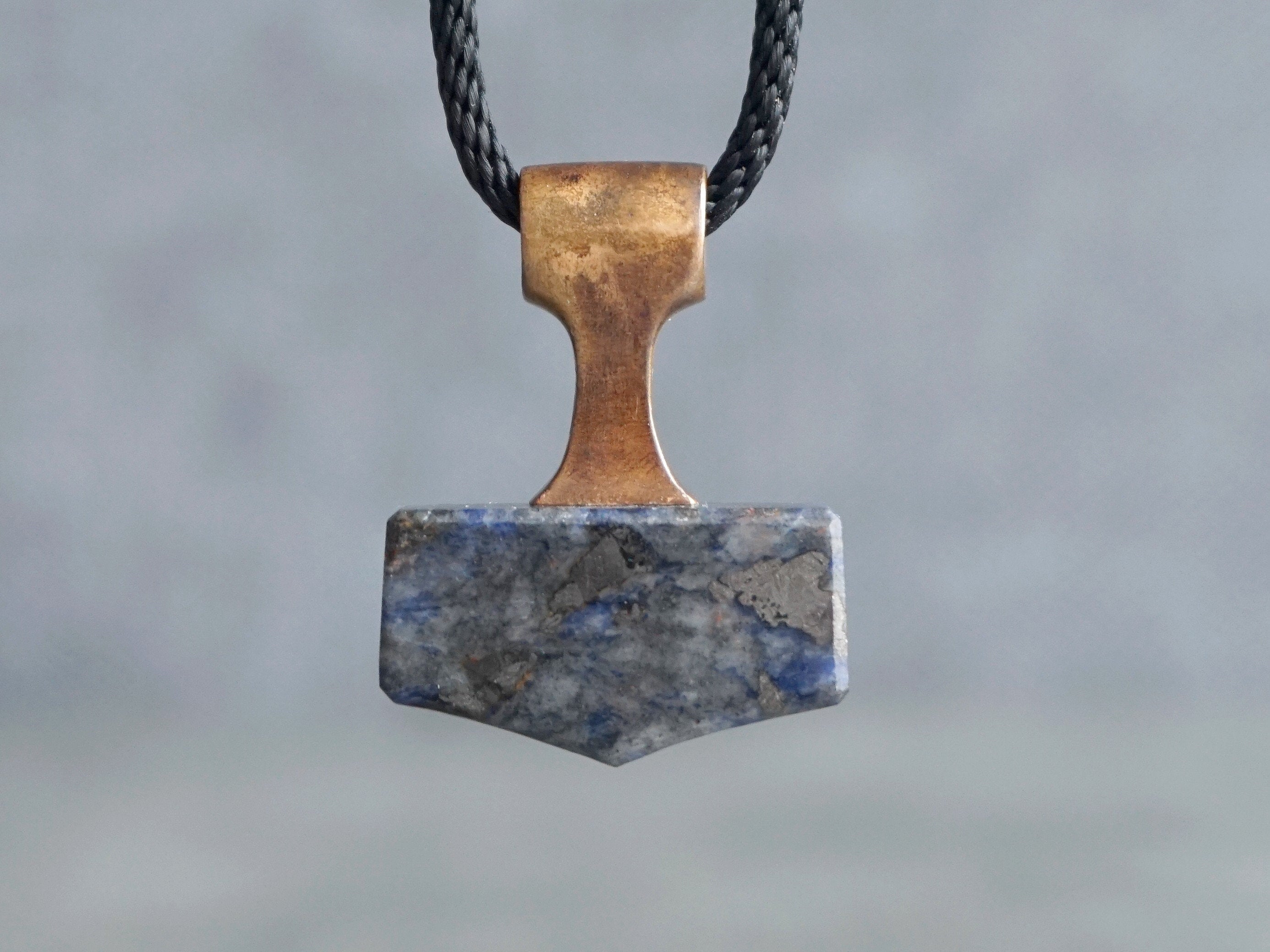 Thors hammer pendant in 2 sizes. Viking jewelry. Bronze and sodalite necklace. Natural stone Asatru jewelry.