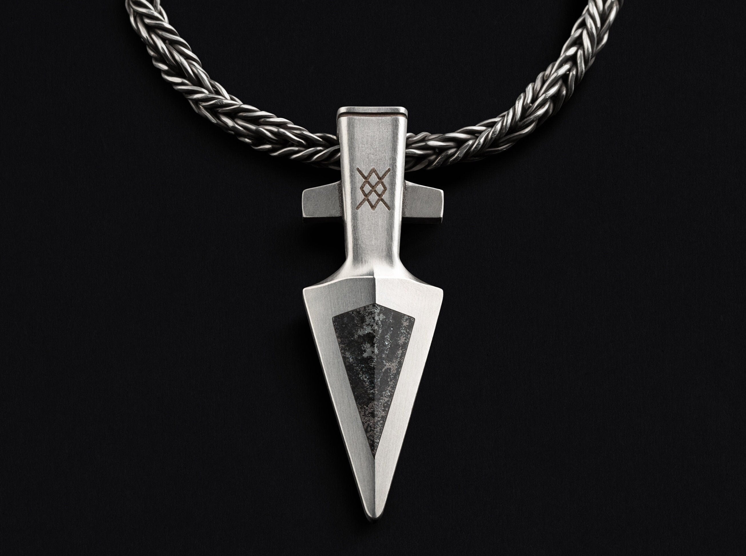 specular hematite and silver Odin spear pendant