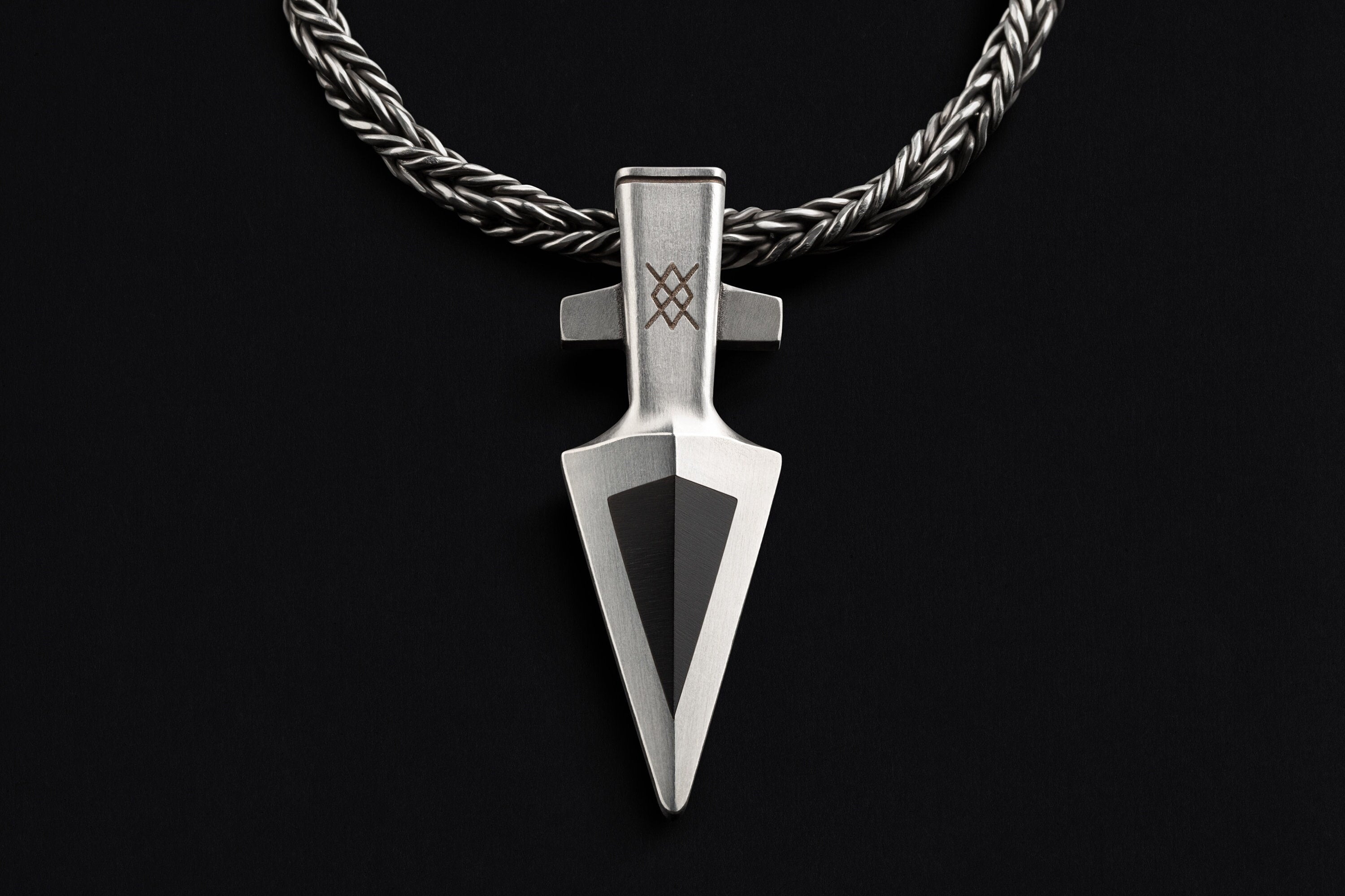 black obsidian and silver Odins spear necklace