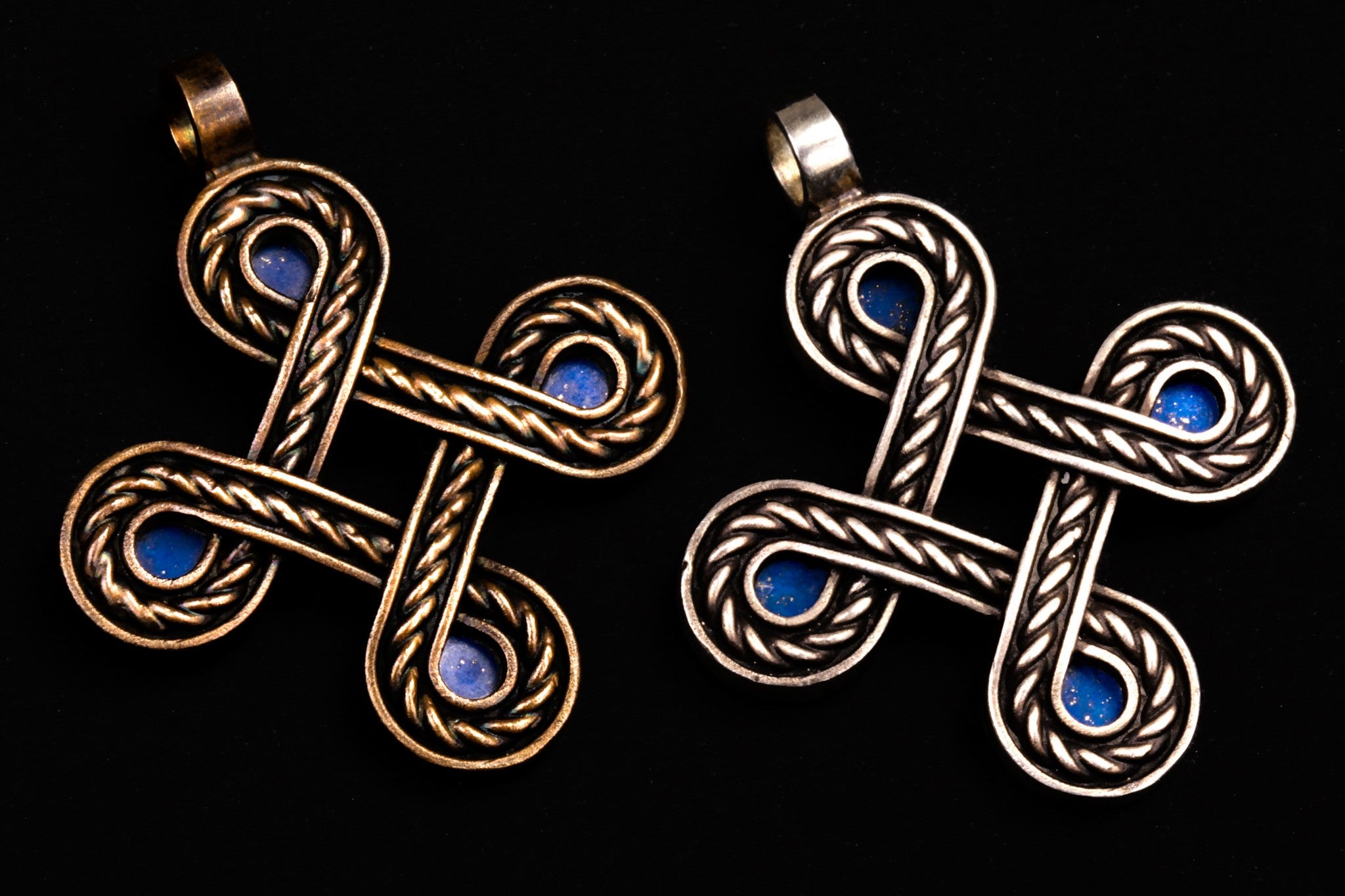 bronze and silver crosses with deep blue Lapis Lazuli