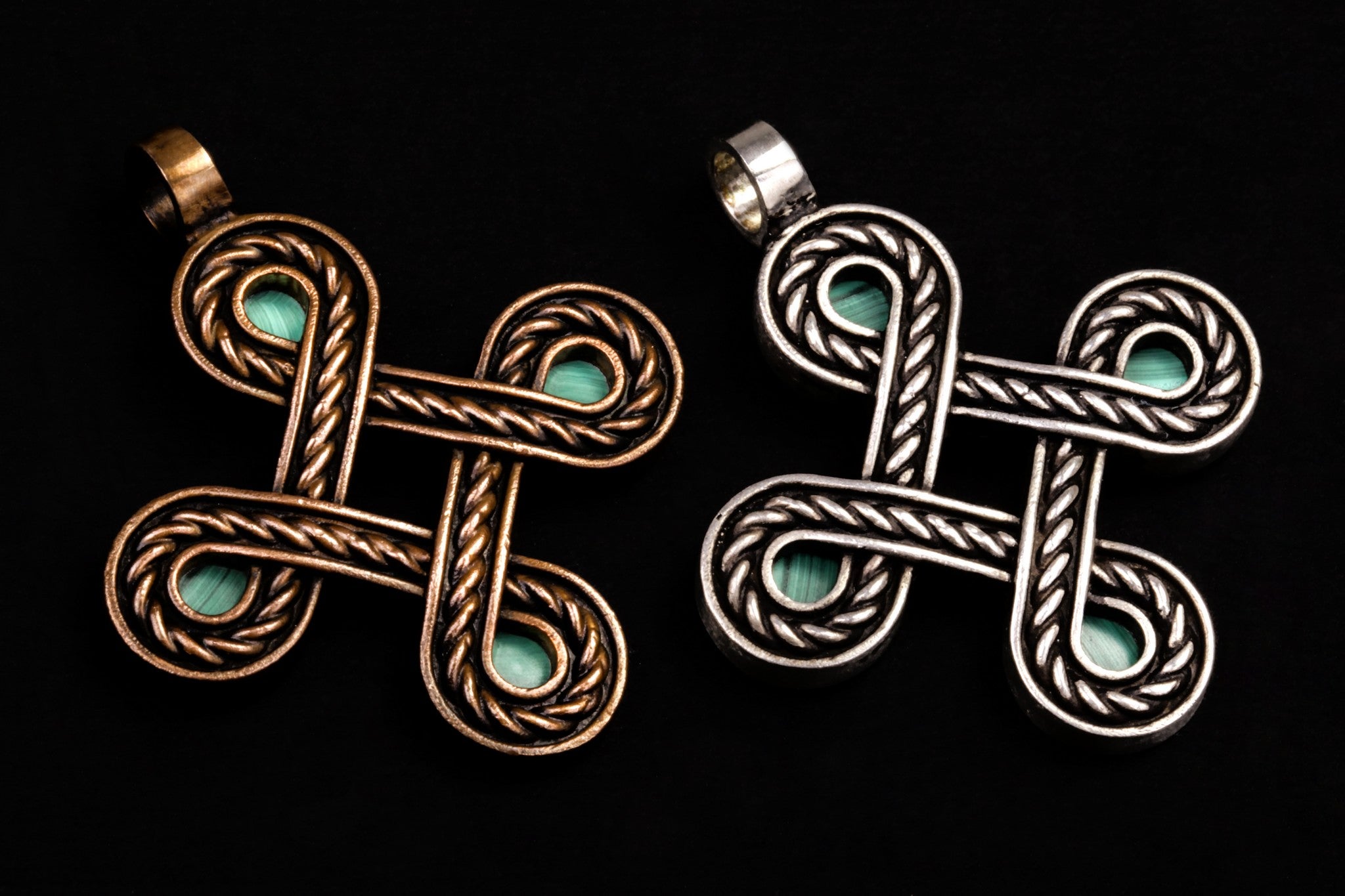 bronze and silver crosses with green Malachite