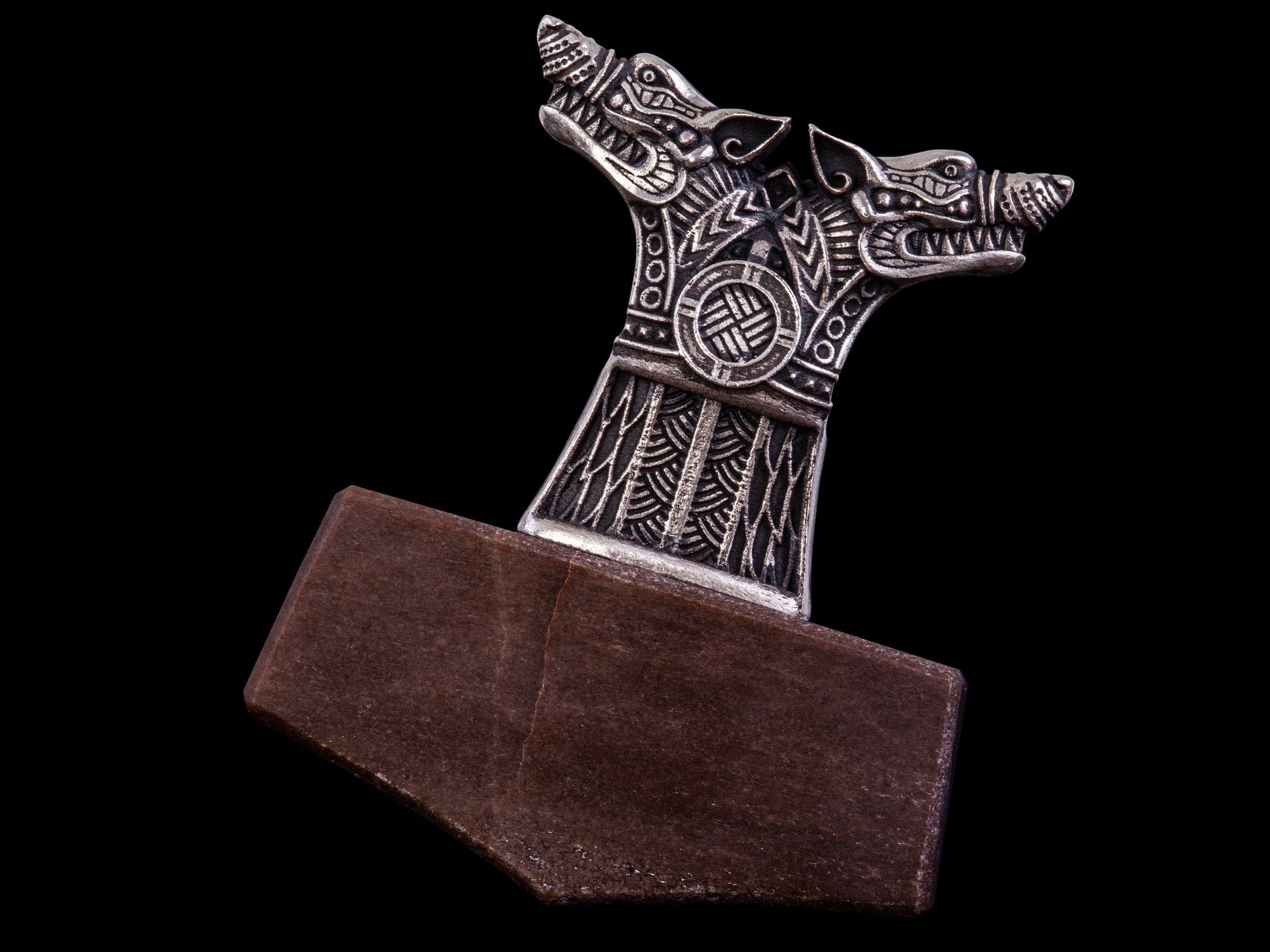 silver and petrified wood  wolf mjolnir
