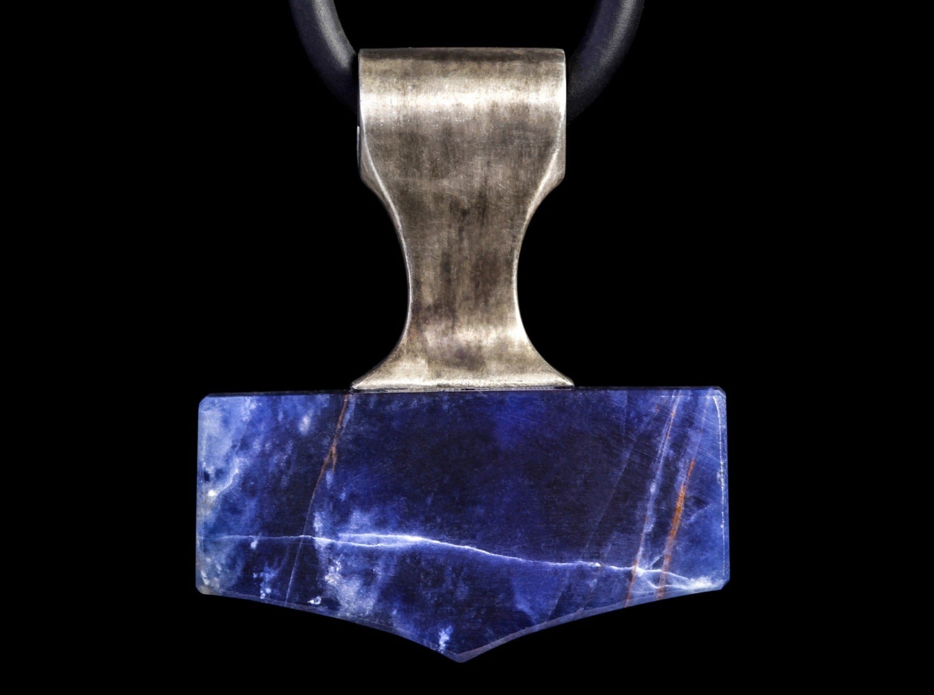 mjolnir amulet made of silver and Sodalite stone in deep blue color