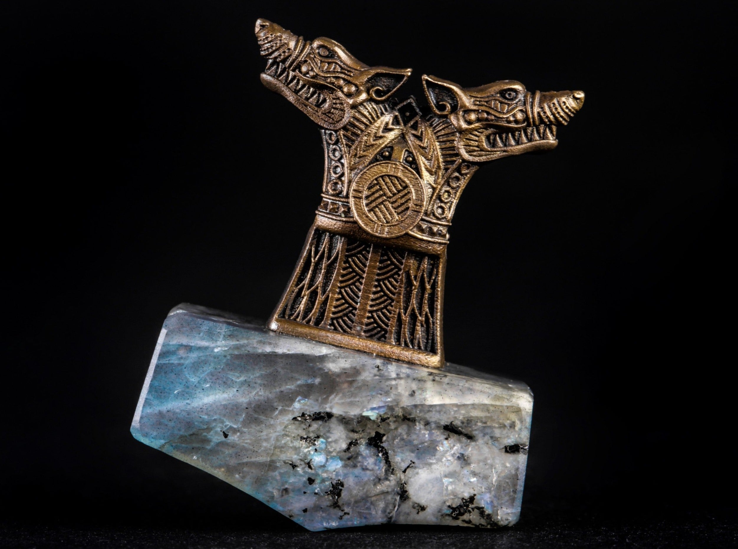 bronze and labradorite wolf thor's hammer